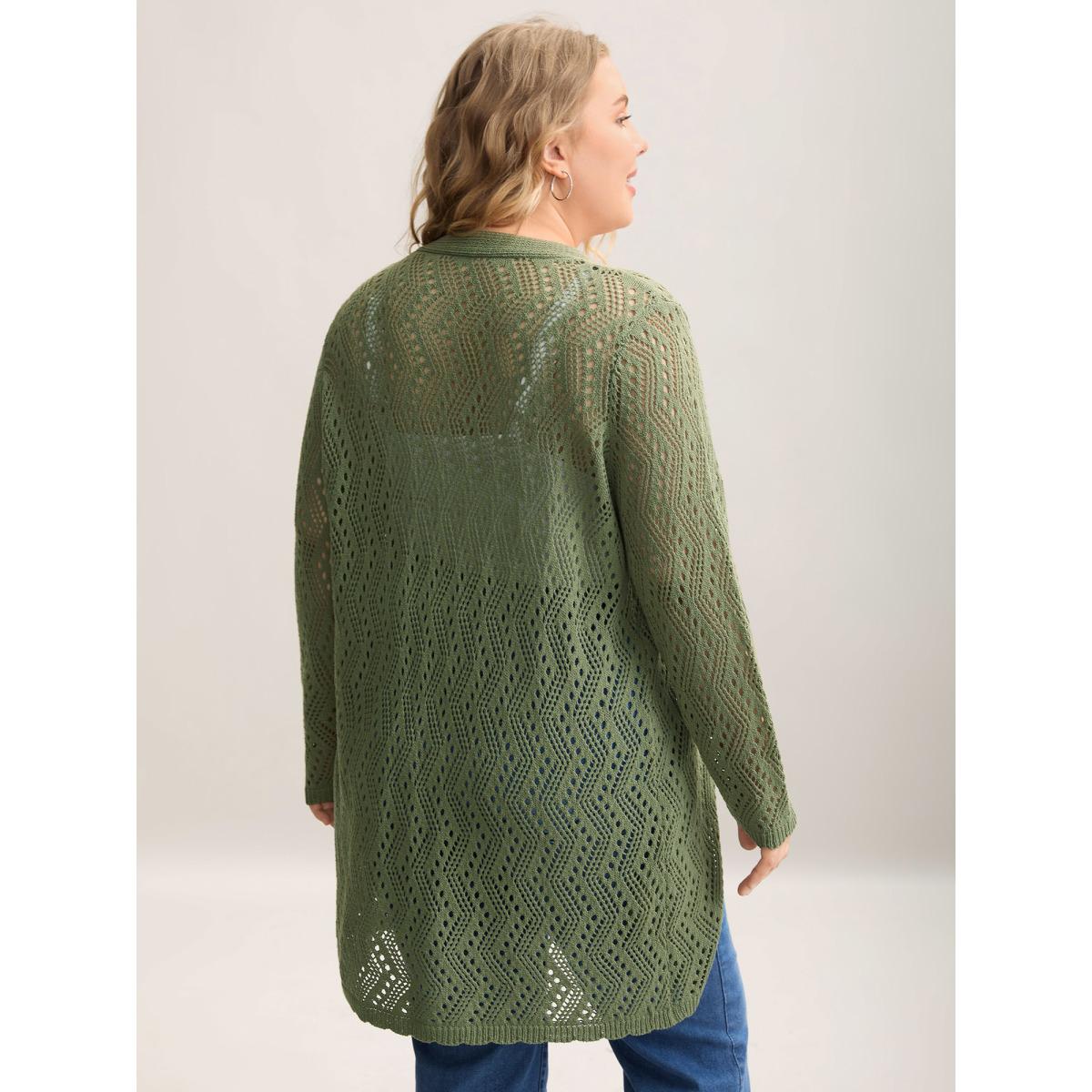 Plus Size Eyelet Trim Front Mid Tie Knit Cardigan Moss Women Casual Loose Long Sleeve Everyday-Casual Cardigans BloomChic 12/L Product Image
