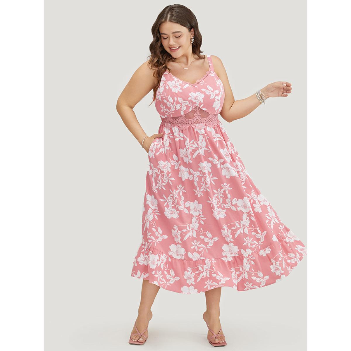 Plus Size Floral Ruffle Hem Pocket Lace Mesh Insert Cami Dress Rouge Women Elegant Adjustable Straps Spaghetti Strap Sleeveless Curvy Midi Dress BloomChic 26/4X Product Image