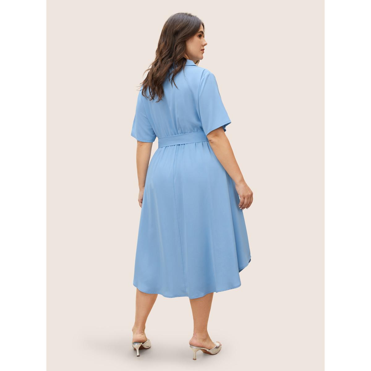 Plus Size Suit Collar Plain Button Up Dress LightBlue Women At the Office Belted Suit Collar Short sleeve Curvy BloomChic 26/4X Product Image