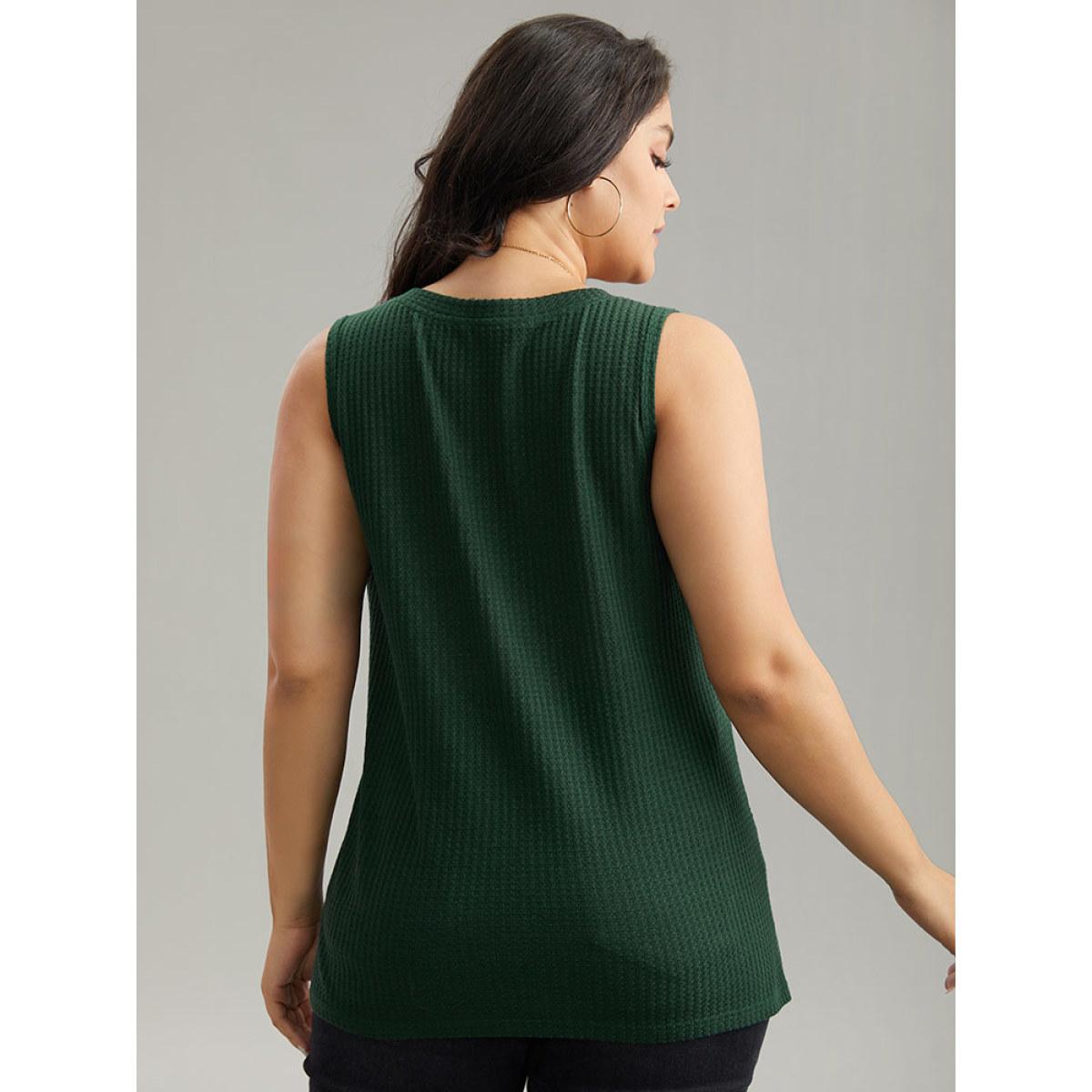 Plus Size Waffle Knit V Neck Button Detail Cami Top Women Green Casual Waffle Knit V-neck Dailywear Tank Tops Camis BloomChic 10/M Product Image