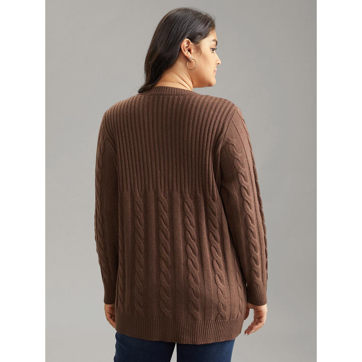 Plus Size Cable Knit Patchwork Plisse V Neck Pullover DarkBrown Women Casual Loose Long Sleeve V-neck Dailywear Pullovers BloomChic 10/M Product Image