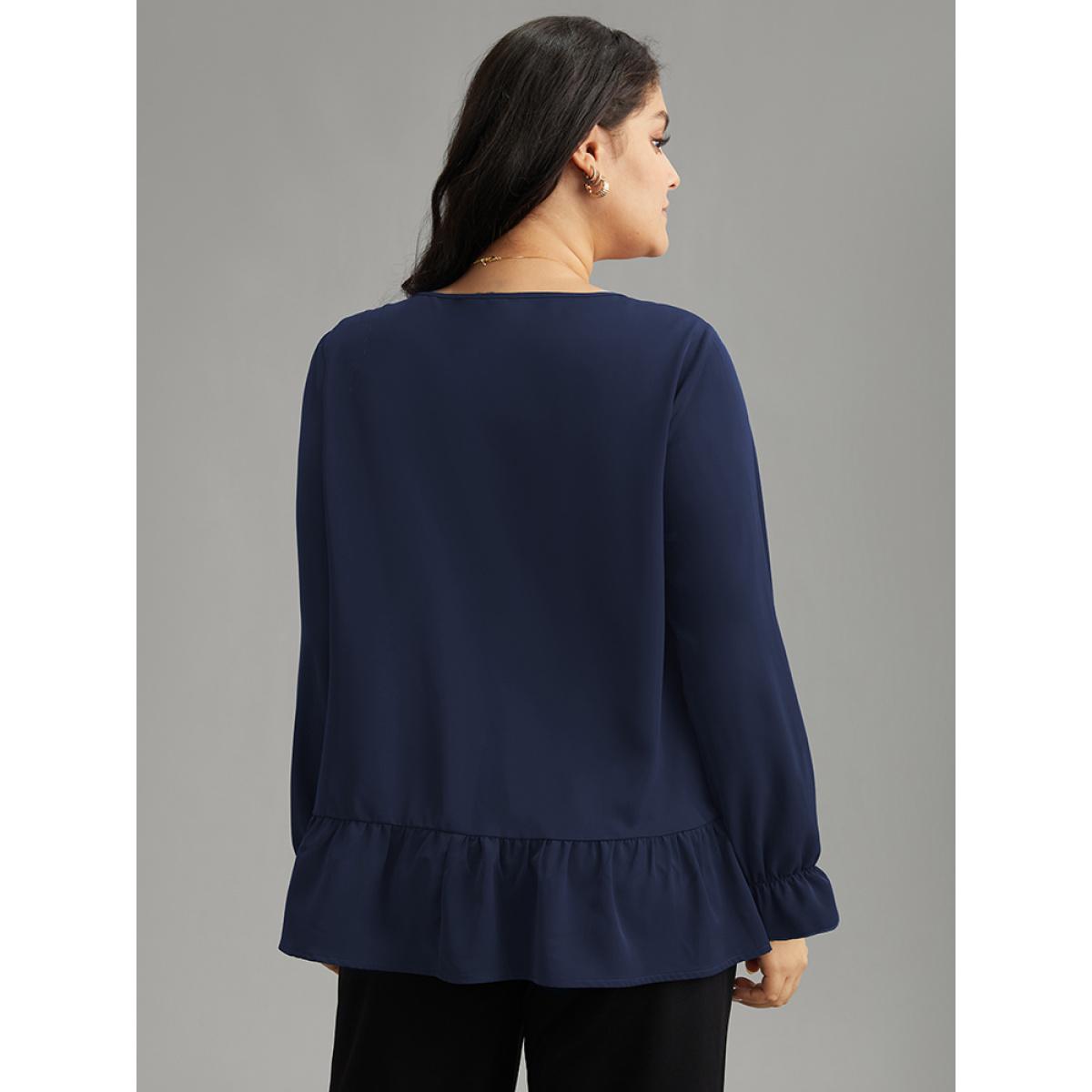 Plus Size Indigo Static-Free Plain Pleated Ruffles Lantern Sleeve Blouse Women Office Long Sleeve Round Neck Work Blouses BloomChic 12/L Product Image