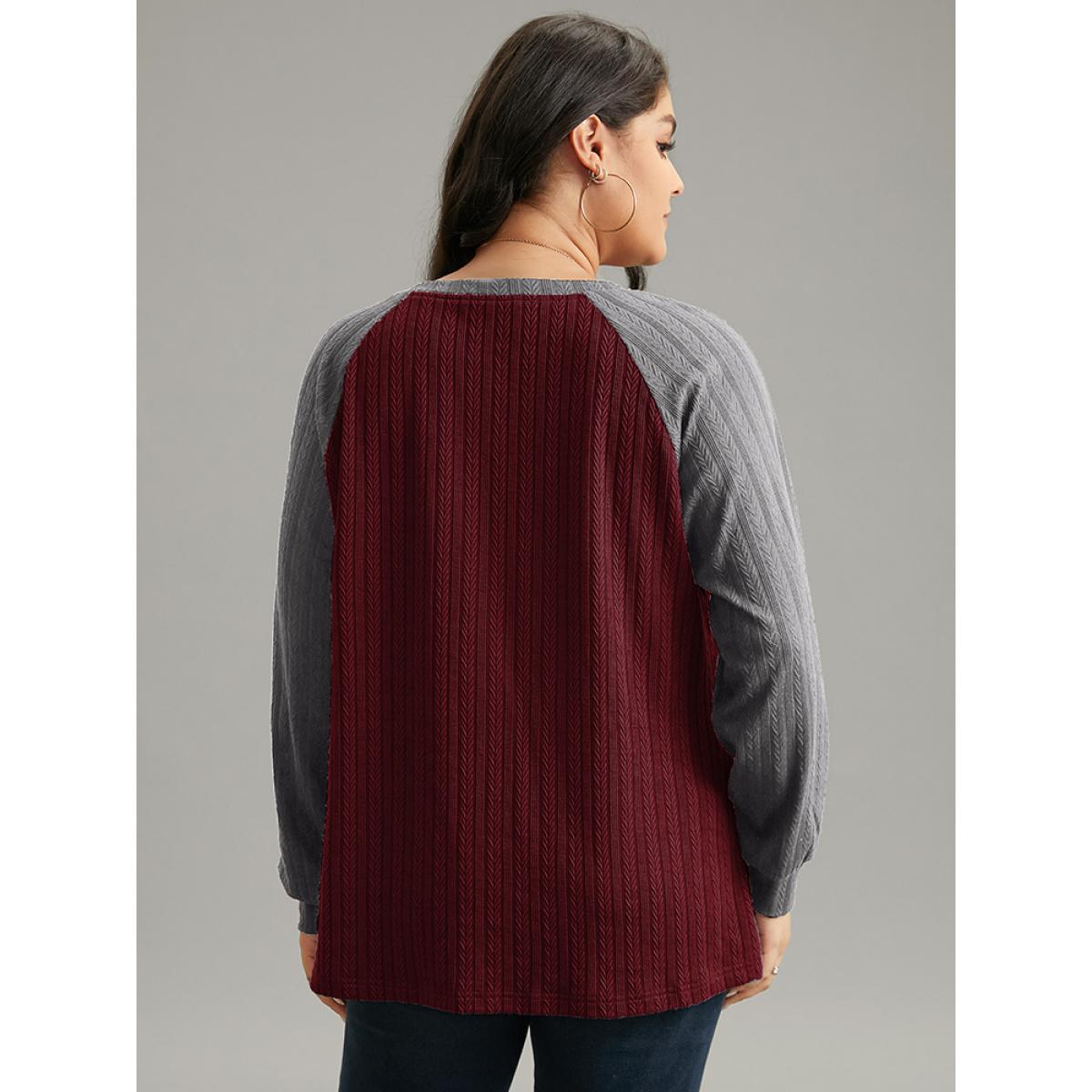 Plus Size Textured Contrast Button Detail Raglan Sleeve Sweatshirt Women Burgundy Casual Texture V-neck Dailywear Sweatshirts BloomChic 22-24/3X Product Image