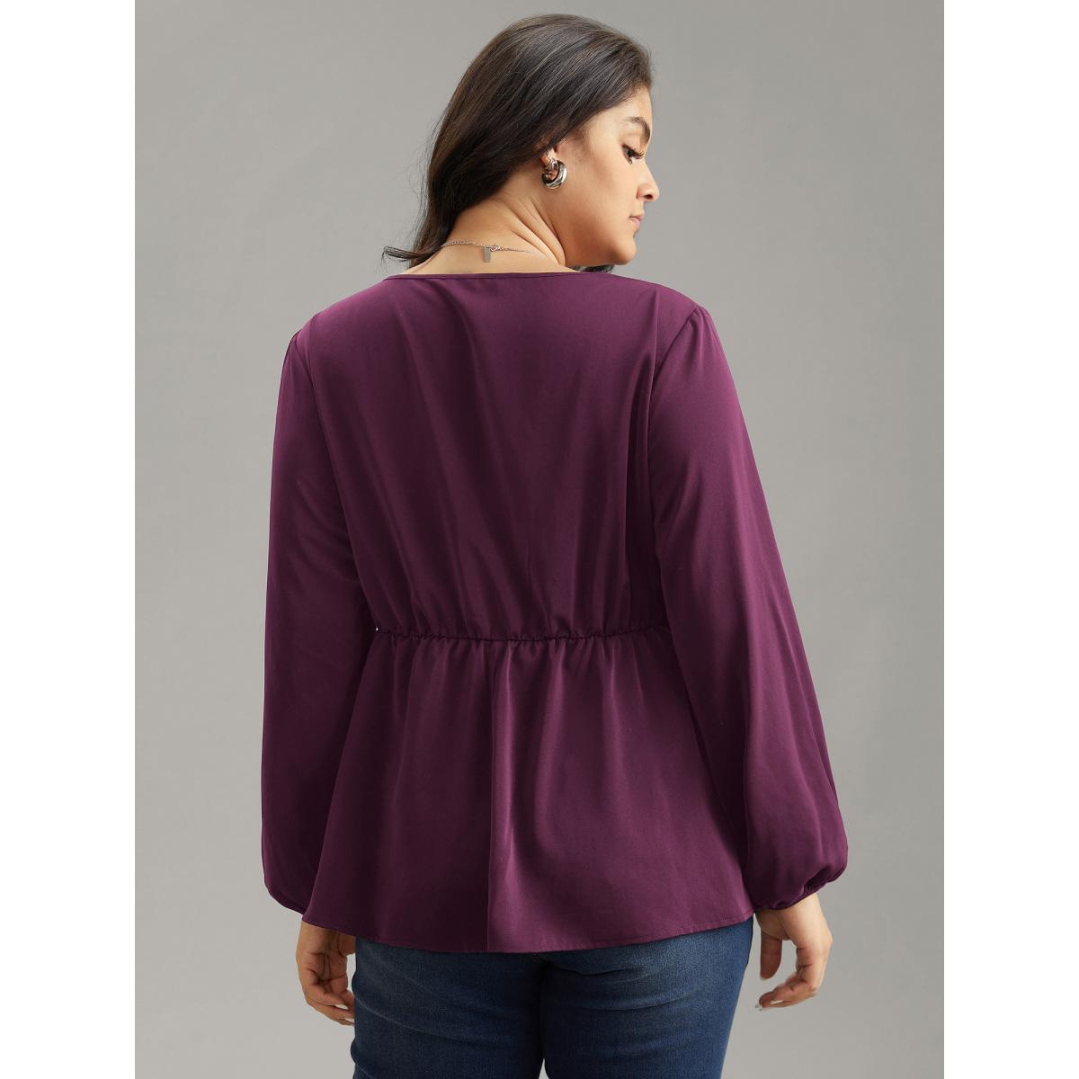 Plus Size Purple Pearl Beaded Plicated Detail Blouse Women Office Long Sleeve V-neck Work Blouses BloomChic 28/5X Product Image