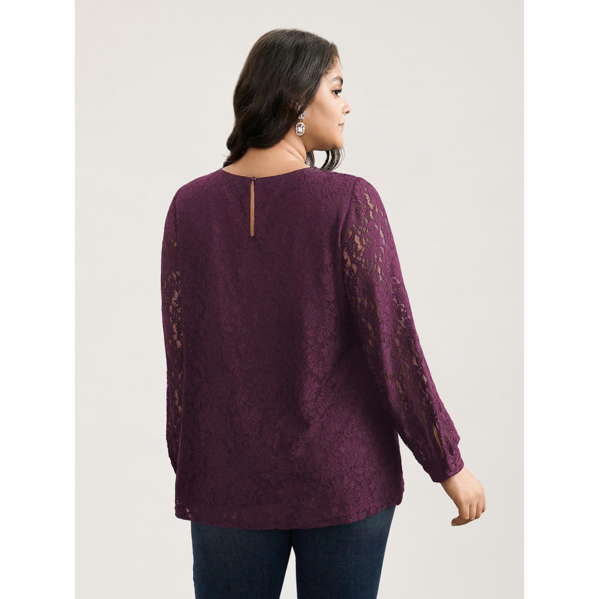 Plus Size Purple Solid Crochet Lace Mesh Crew Neck Blouse Women Timeless Long Sleeve Round Neck Elegant Blouses BloomChic 22-24/3X Product Image
