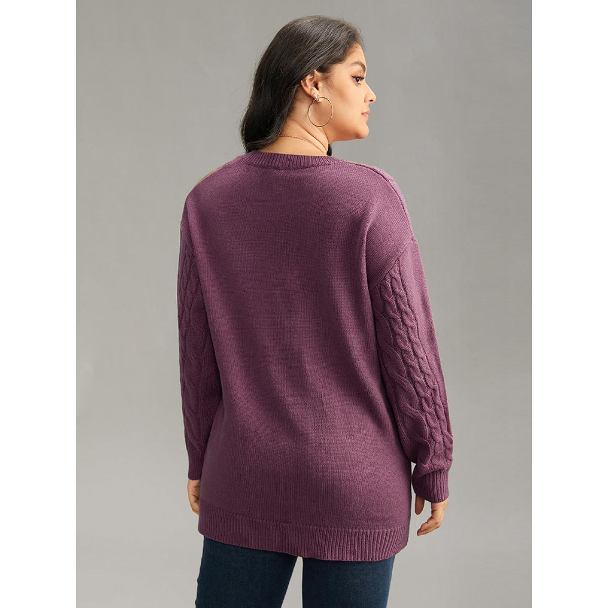 Plus Size Solid Cable Knit V Neck Split Side Pullover Mauve Women Casual Loose Long Sleeve V-neck Everyday Pullovers BloomChic 30/6X Product Image