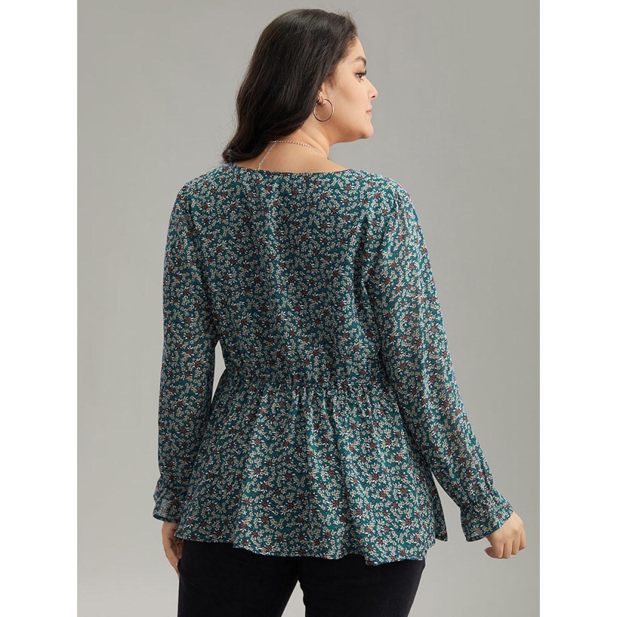 Plus Size DarkGreen Chiffon Ditsy Floral Elastic Waist Ruffle Hem Blouse Women Elegant Long Sleeve V-neck Everyday Blouses BloomChic 28/5X Product Image