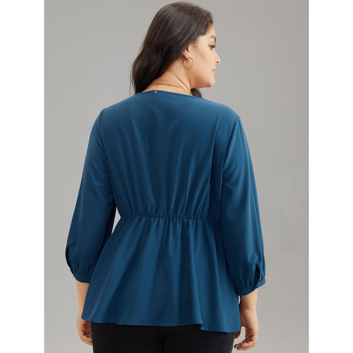 Plus Size Aegean Static-Free Elastic Waist Pleated Lantern Sleeve Blouse Women Office Elbow-length sleeve V-neck Office Blouses BloomChic 10/M Product Image