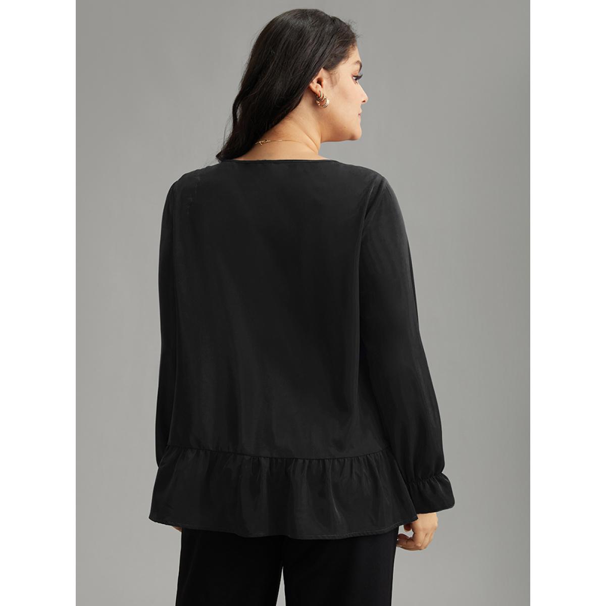 Plus Size Black Static-Free Plain Pleated Ruffles Lantern Sleeve Blouse Women Office Long Sleeve Round Neck Work Blouses BloomChic 10/M Product Image