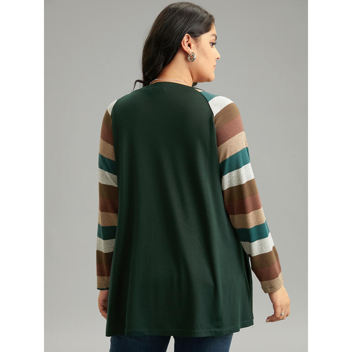 Plus Size Striped Colorblock Contrast Pocket Raglan Sleeve T-shirt DarkGreen Women Elegant Contrast Striped Round Neck Dailywear T-shirts BloomChic 10/M Product Image