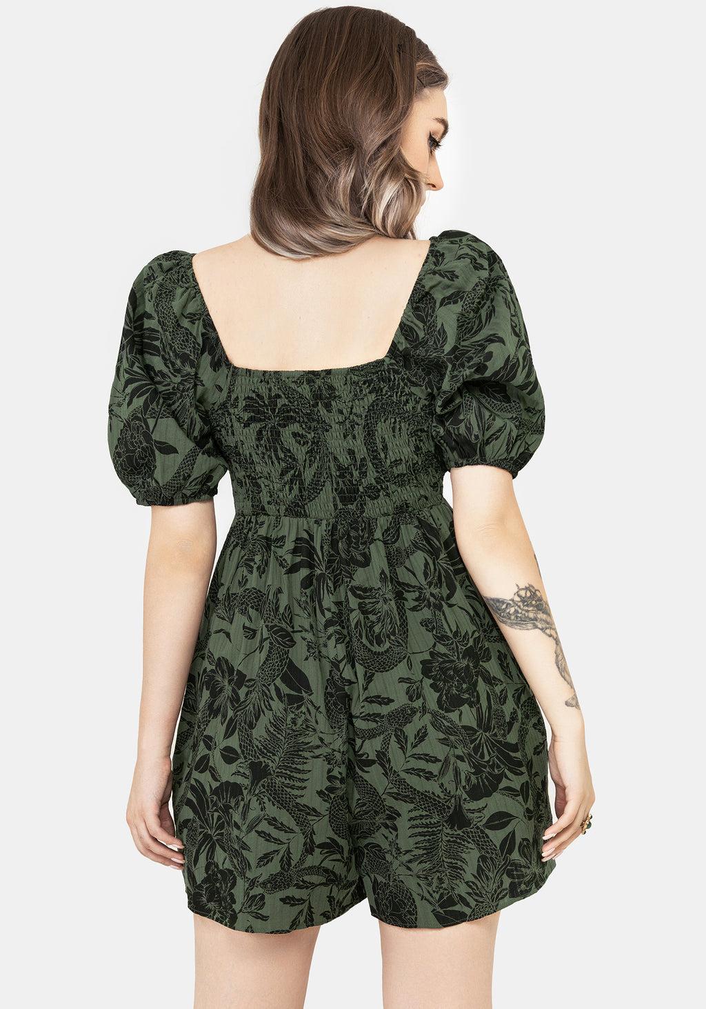 Bashe Cotton Puff Sleeve Playsuit - Green Product Image