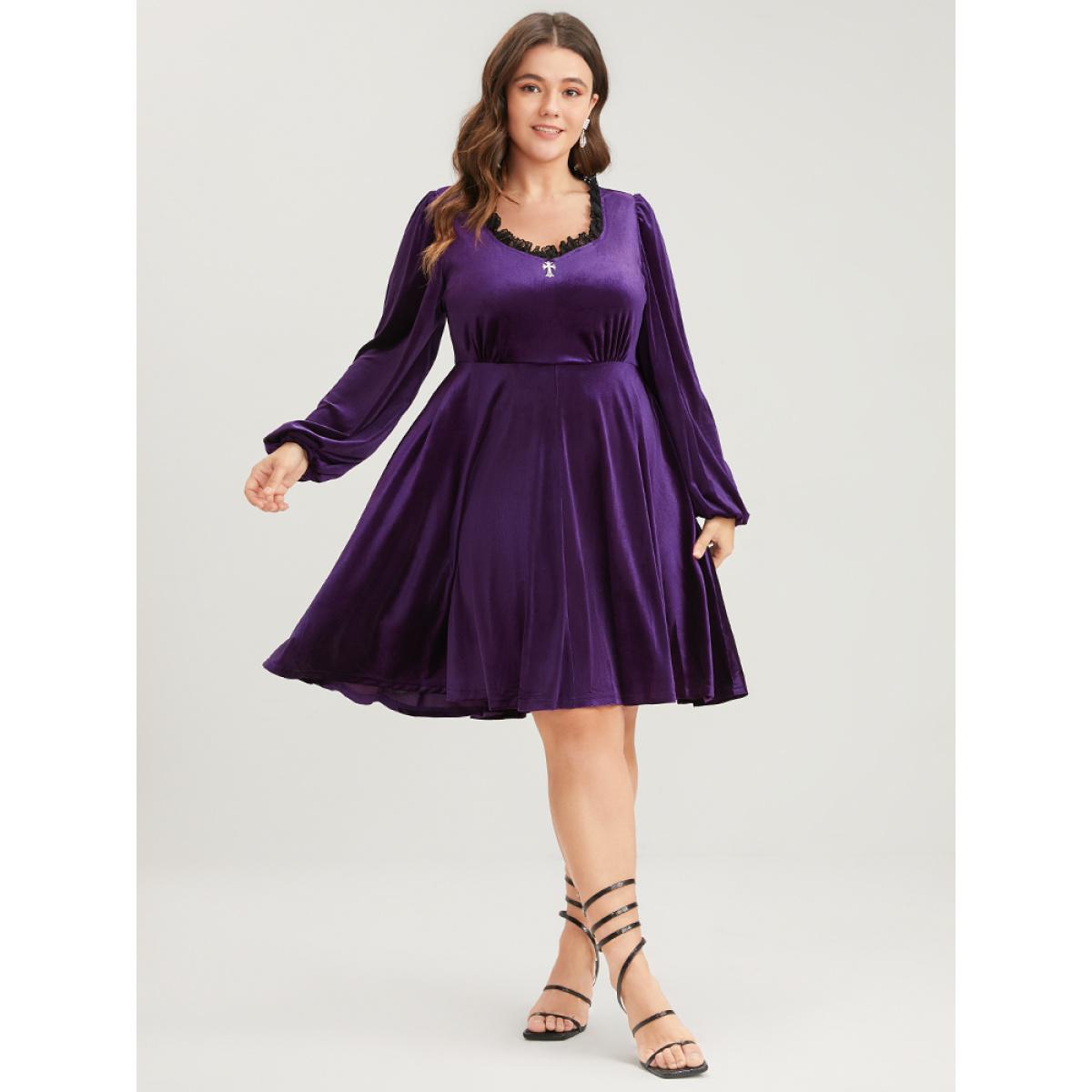 Solid Party High Waist Vintage Plus Size Women Knee Dress Going out Plain Pocket Moderately Stretchy Lantern Sleeve Long Sleeve V Neck Glamour Dresses BloomChic Product Image