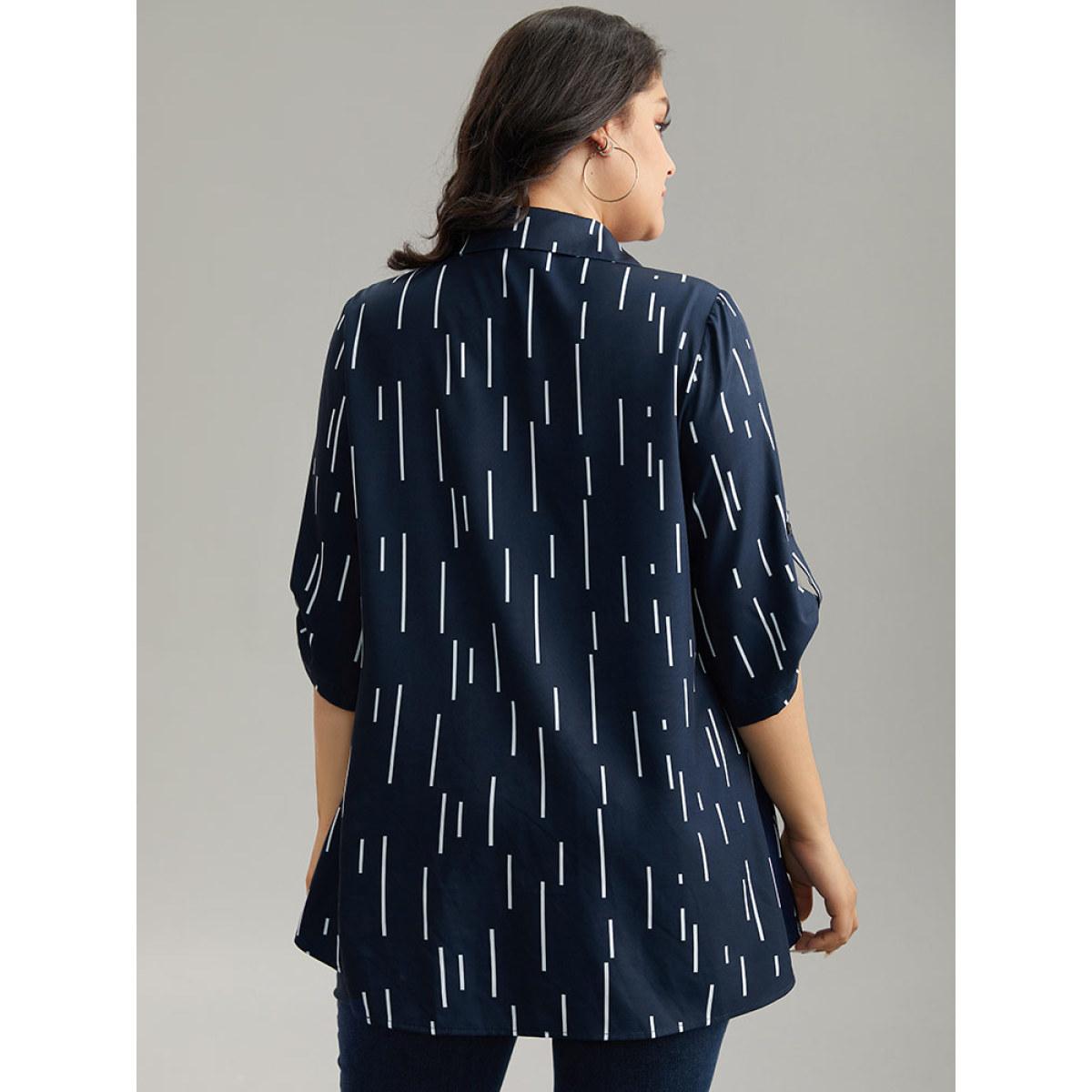 Plus Size Indigo Geometric Shirt Collar Roll Tab Sleeve Blouse Women Office Elbow-length sleeve Shirt collar Office Blouses BloomChic 14-16/1X Product Image