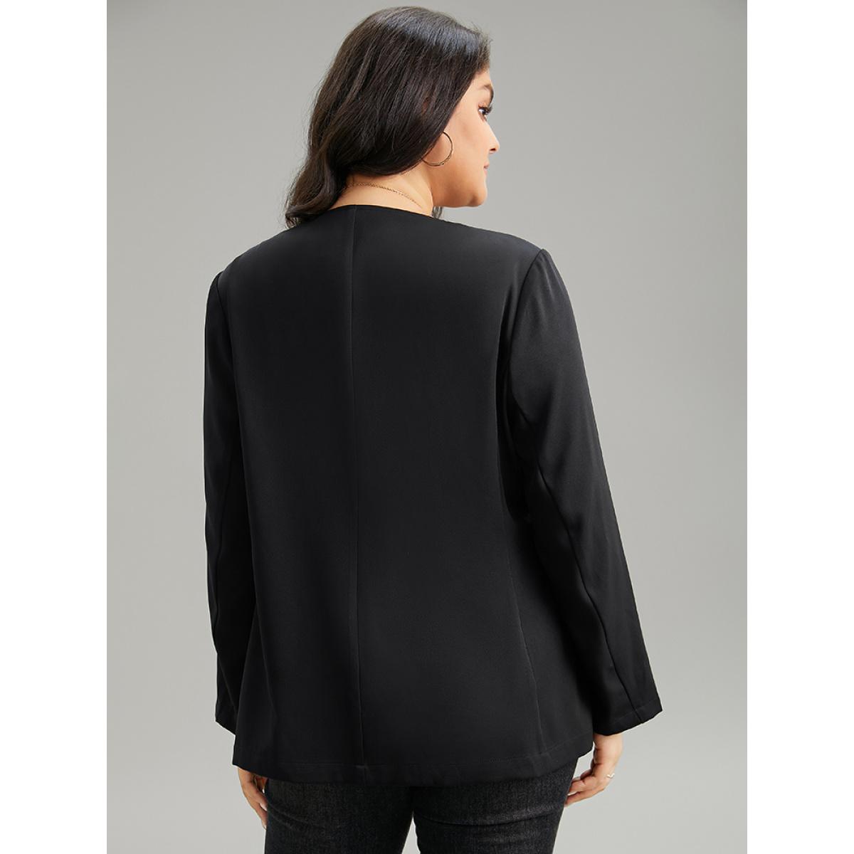 Plus Size Solid Zipper Fly Pocket Blazer Black Women Everyday Plain Plain Sleeve Long Sleeve Open Front 10/M Pocket Casual Blazers BloomChic Product Image