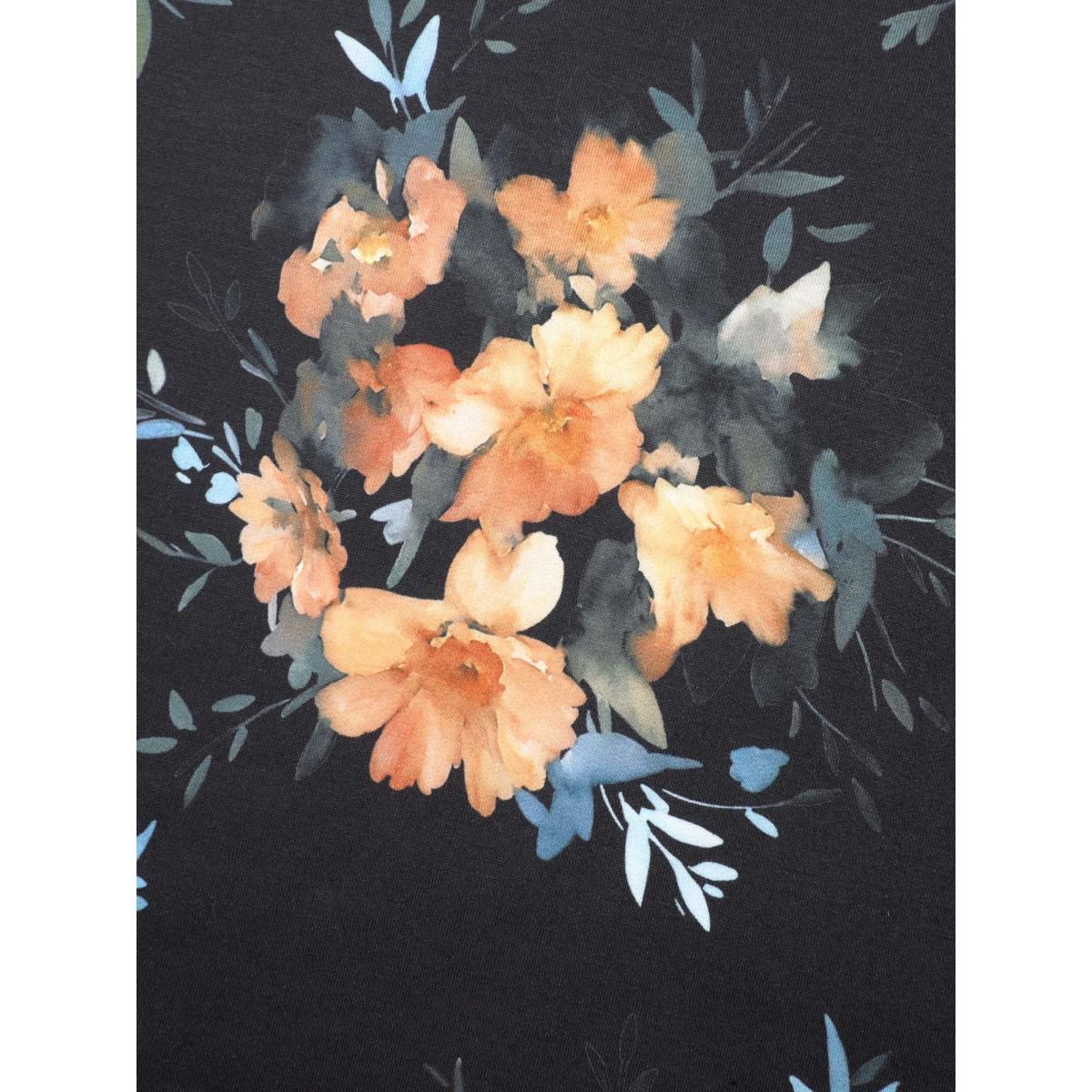 Plus Size Round Neck Natural Flowers Slightly Stretchy Sweatshirt Women Black Elegant Contrast Round Neck Everyday Sweatshirts BloomChic 22-24/3X Product Image