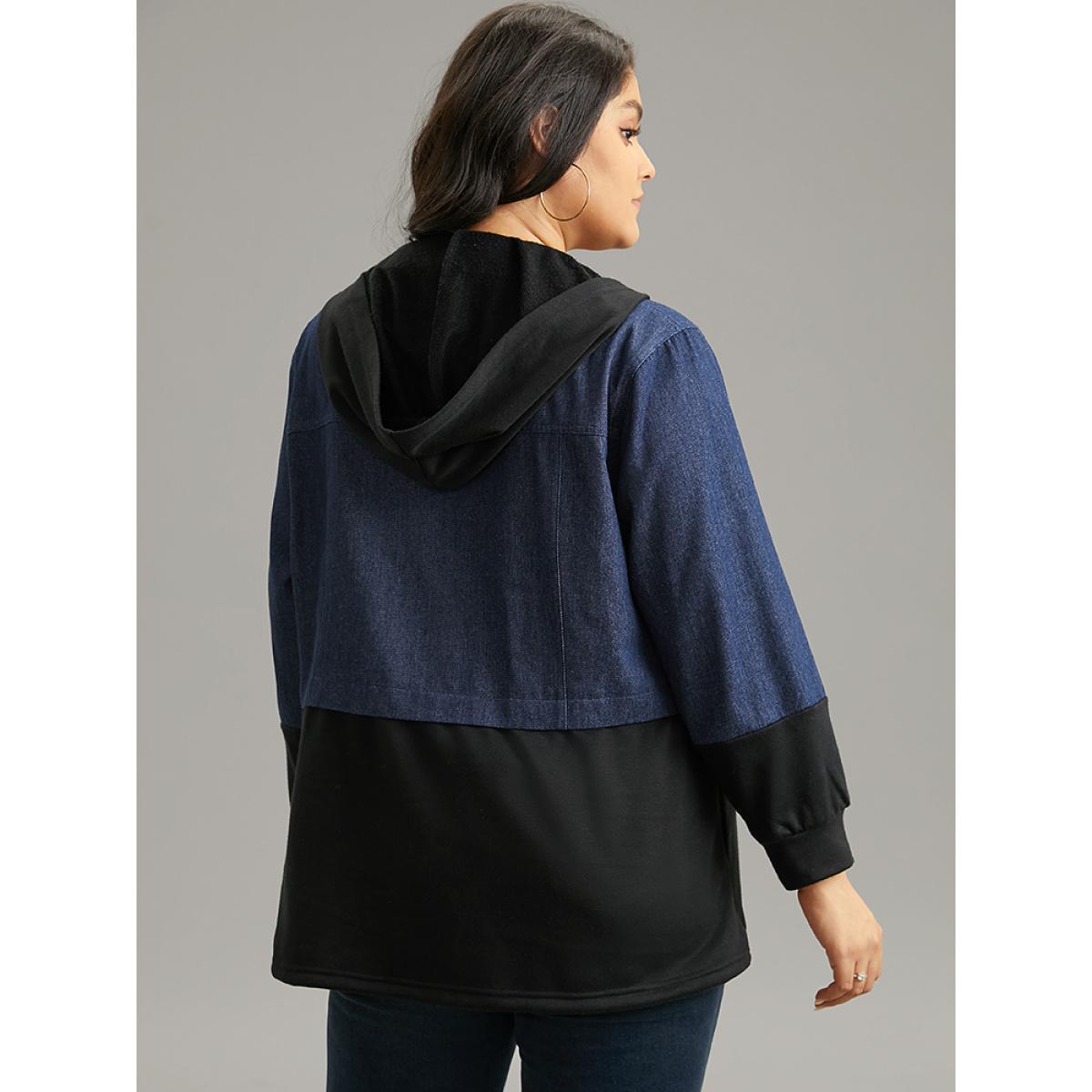 Plus Size Contrast Patchwork Button Up Pocket Zipper Coat Women Black Casual Contrast Ladies Everyday Winter Coats BloomChic 28/5X Product Image