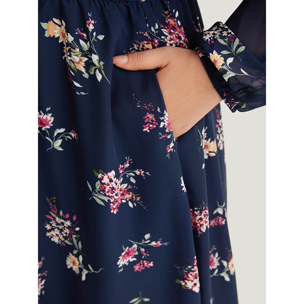 Plus Size Floral Print Surplice Neck Lantern Sleeve Mesh Dress DarkBlue Women Elegant Elastic cuffs V-neck Long Sleeve Curvy Midi Dress BloomChic 12/L Product Image