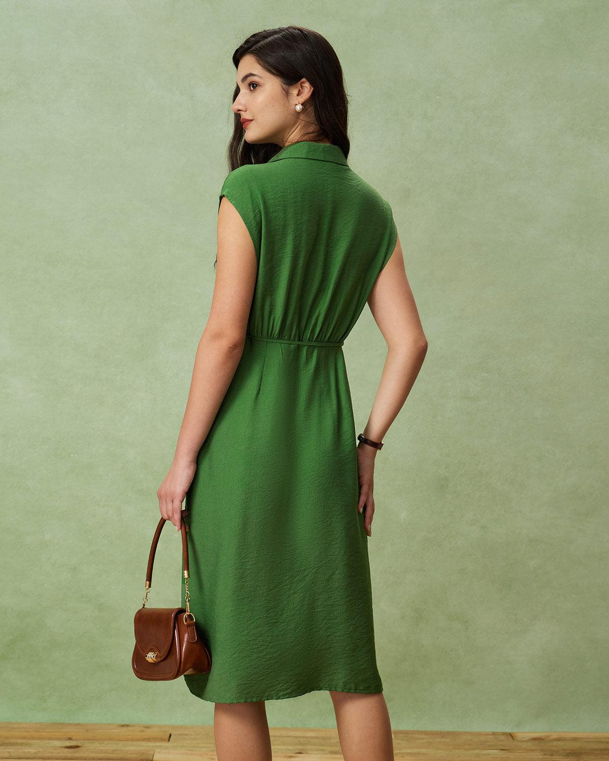 Green Cowl Sleeve Button Midi Dress Product Image