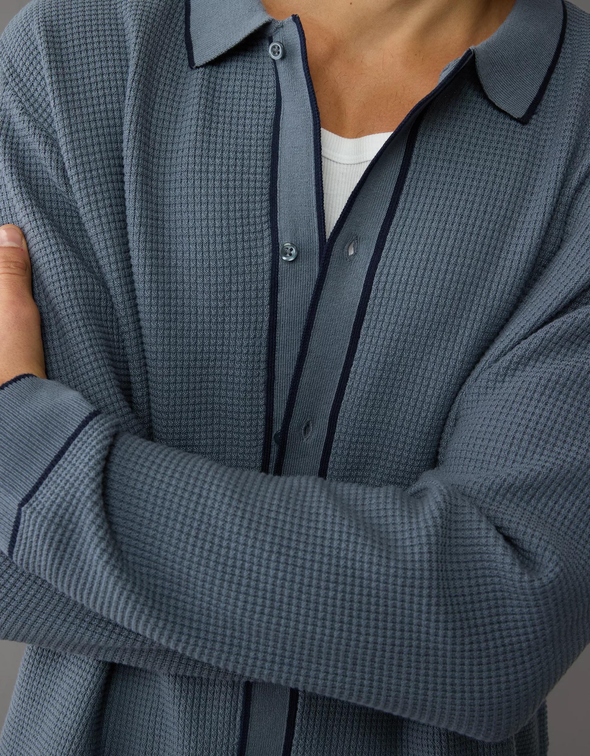 AE Long-Sleeve Tipped Waffle Sweater Polo Shirt Product Image