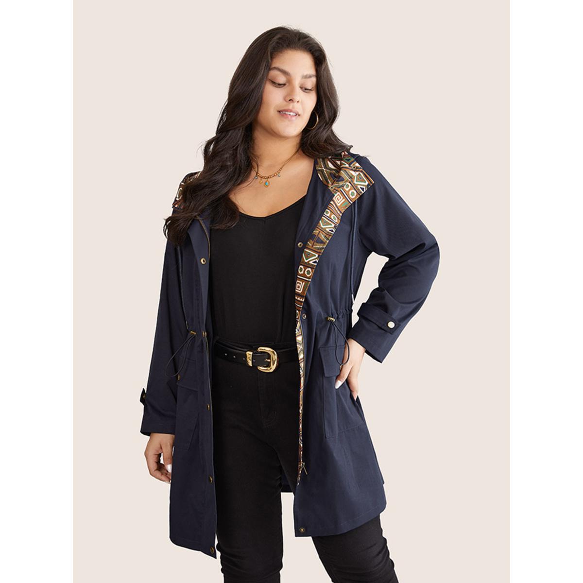 Plus Size Bandana Print Hooded Drawstring Snap Button Jacket Women Indigo Patchwork Pocket Everyday Jackets BloomChic 10/M Product Image