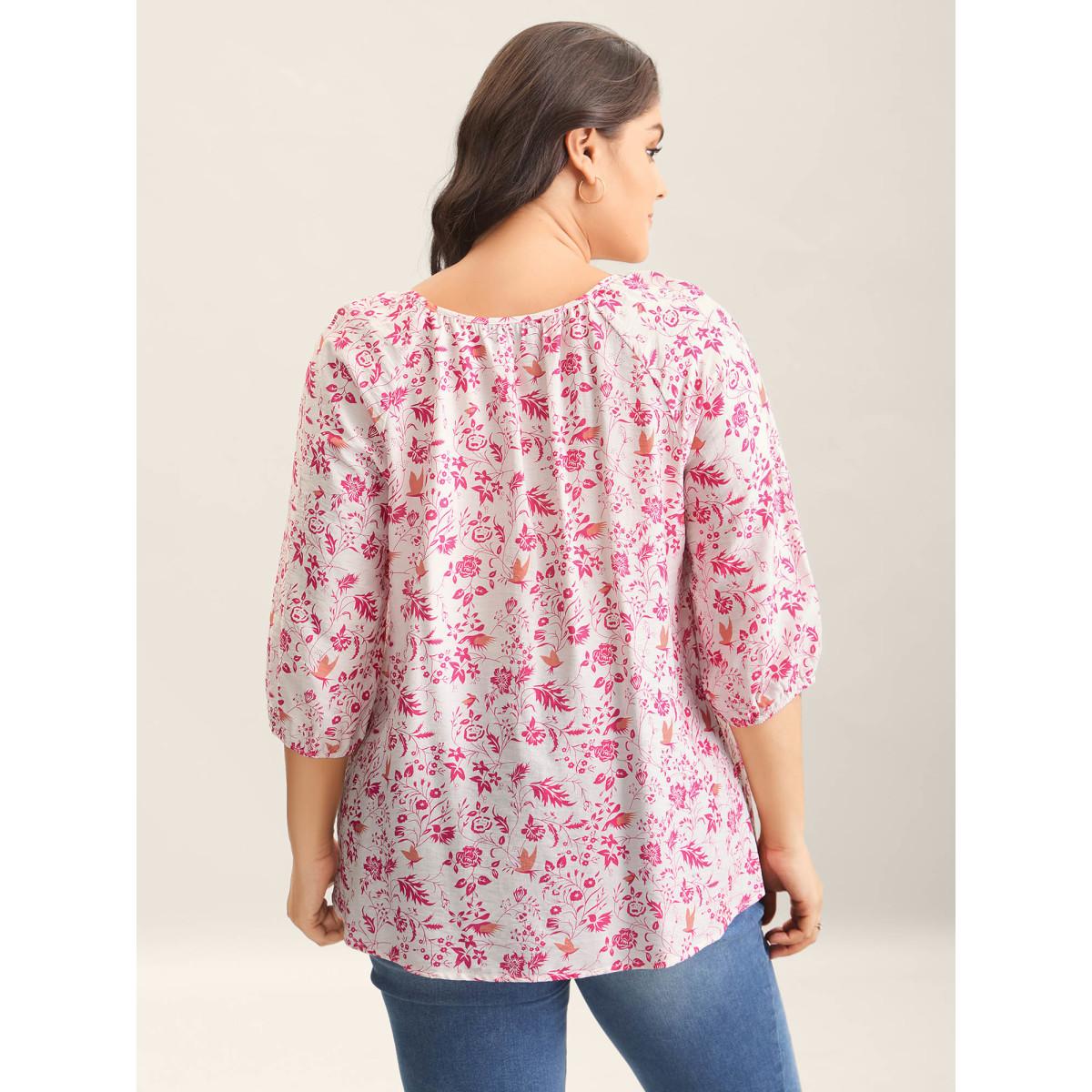 Plus Size Originalwhite Silhouette Floral Print Neck Tassels Blouse Women Timeless Elbow-length sleeve Notched collar Elegant Blouses BloomChic 10/M Product Image