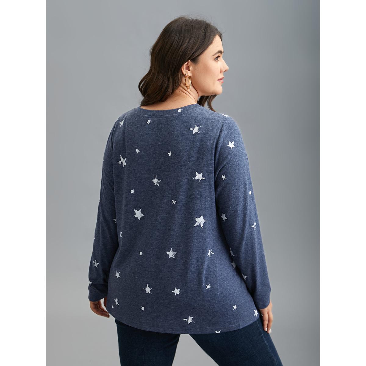Plus Size Star Print Crisscross Cut-Out T-Shirt Indigo Women Casual Cut-Out Star and moon V-neck Everyday T-shirts BloomChic 30/6X Product Image