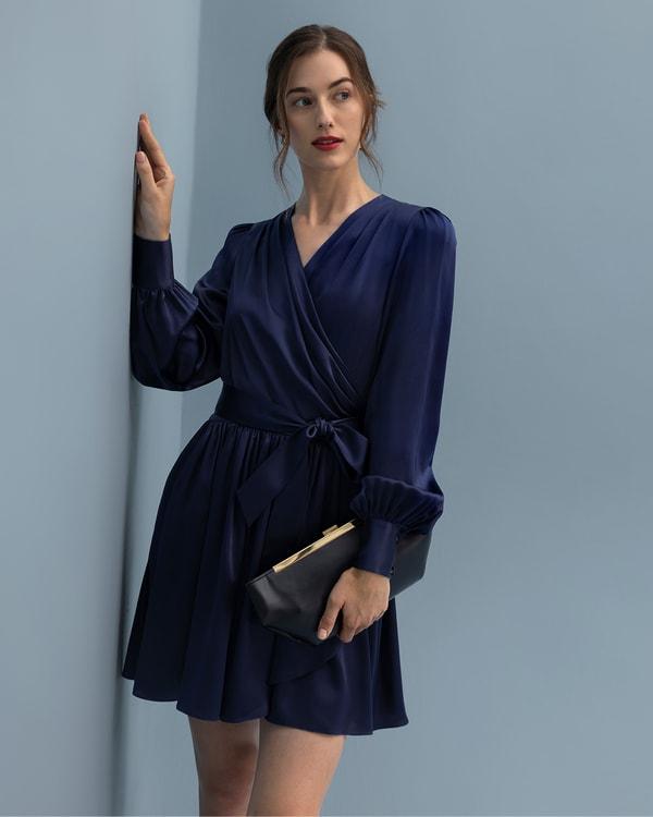 LILYSILK Long Sleeve Silk Dress for Women Navy Blue Pure Silk Glossy Puff Sleeves Skin-Friendly and Breathable S Product Image