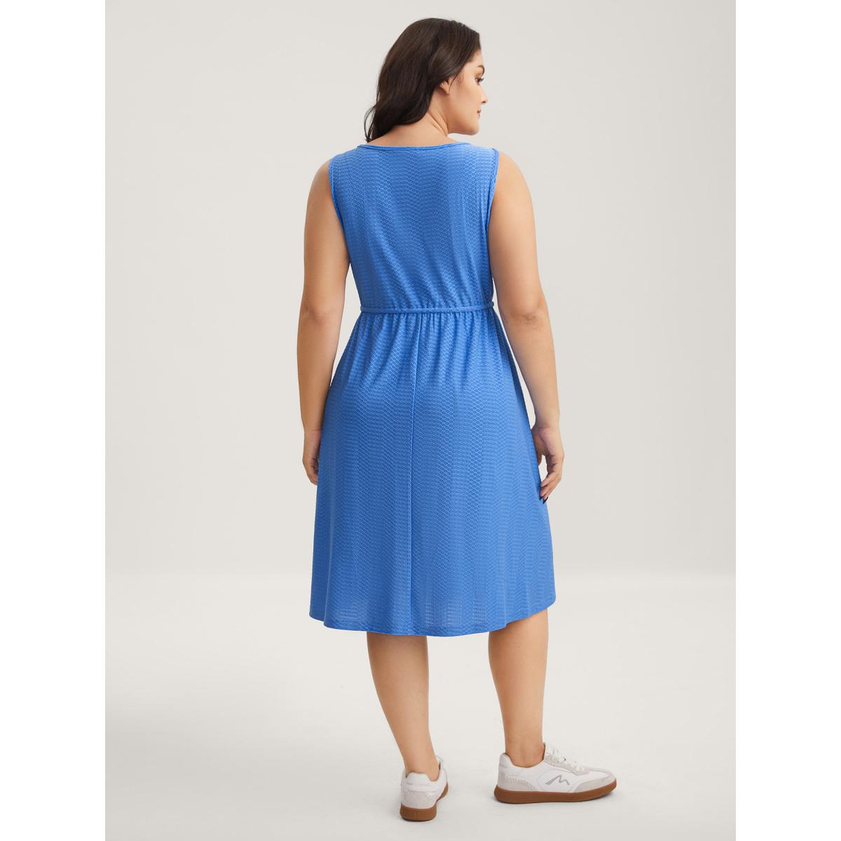 Plus Size Textured Waist Drawstring Pockets Midi Dress Skyblue Women U-neck Sleeveless Curvy BloomChic 10/M Product Image