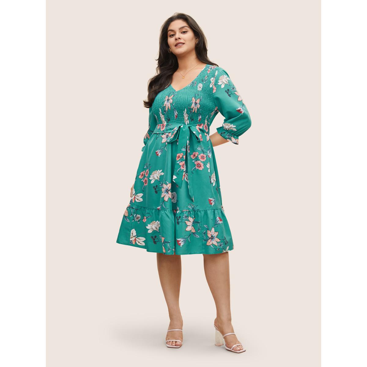 Plus Size Floral Print Shirred Front Ruffle Sleeve Dress Turquoise Women Elegant Non V-neck Elbow-length sleeve Curvy Midi Dress BloomChic 10/M Product Image