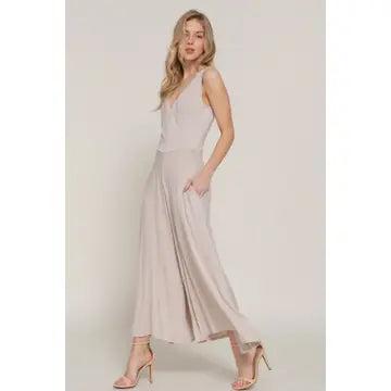 Oatmeal Sleeveless Double V-Neck Surplice Knit Jumpsuit Product Image