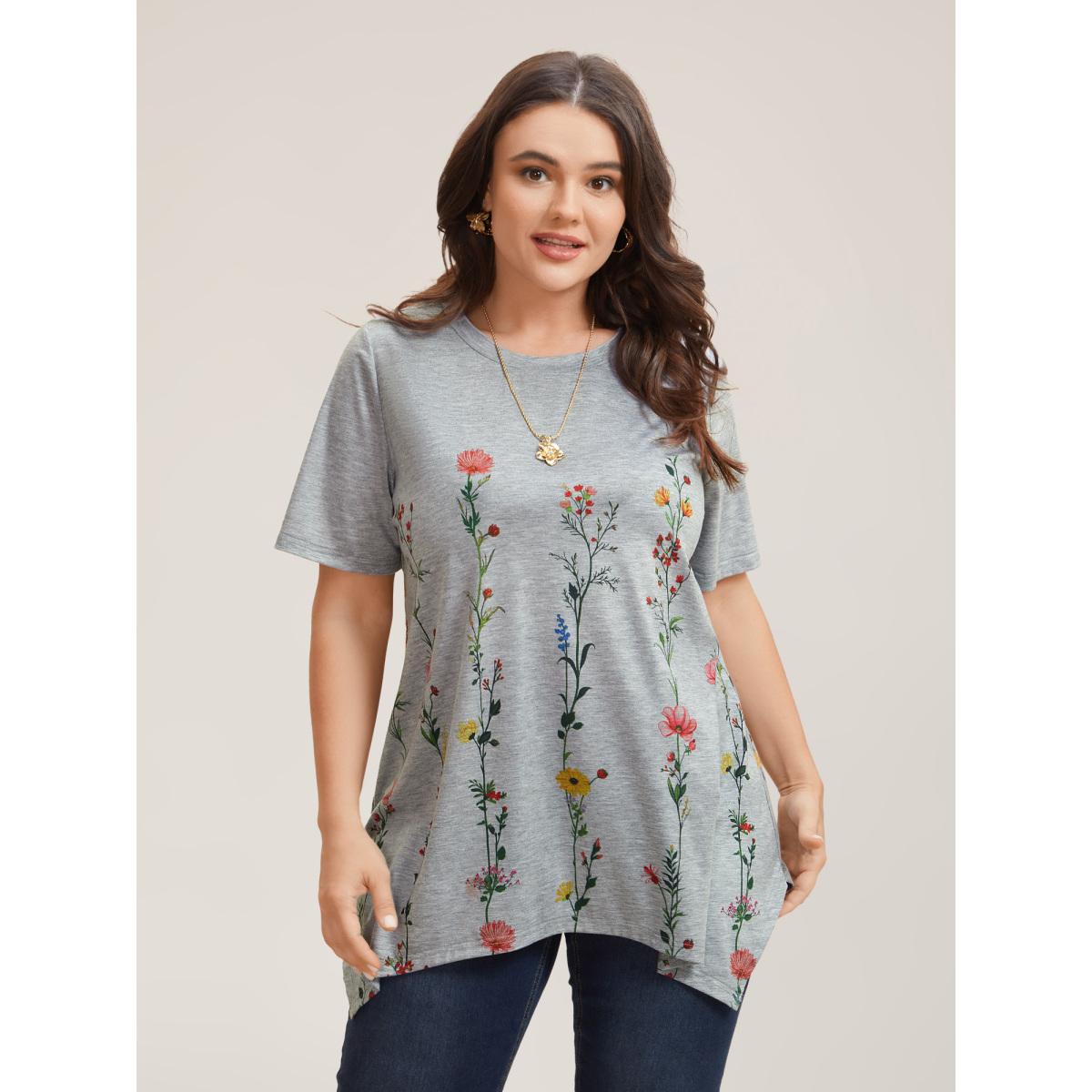 Plus Size Stretchy Hi-Low Hem Floral T-Shirt LightGray Women Timeless Asymmetrical Natural Flowers Round Neck Loose Elegant T-shirts BloomChic 14-16/1X Product Image