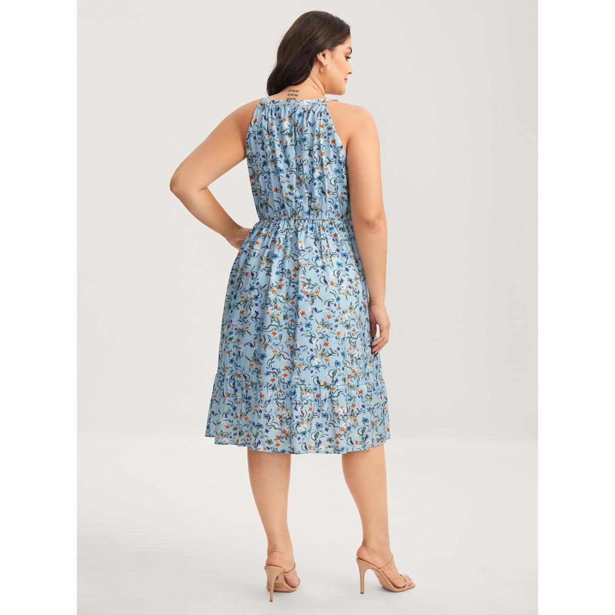 Plus Size Floral Print Halter Neck Tiered Midi Dress Stone Women Halter neck Sleeveless Curvy BloomChic 22-24/3X Product Image