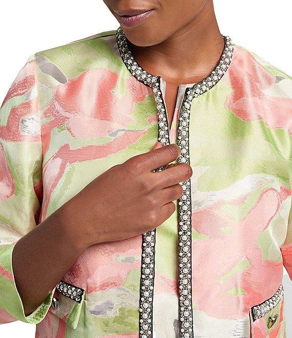 Ming Wang Printed Jacquard Round Neck 3/4 Sleeve Peral Trim Jacket Product Image