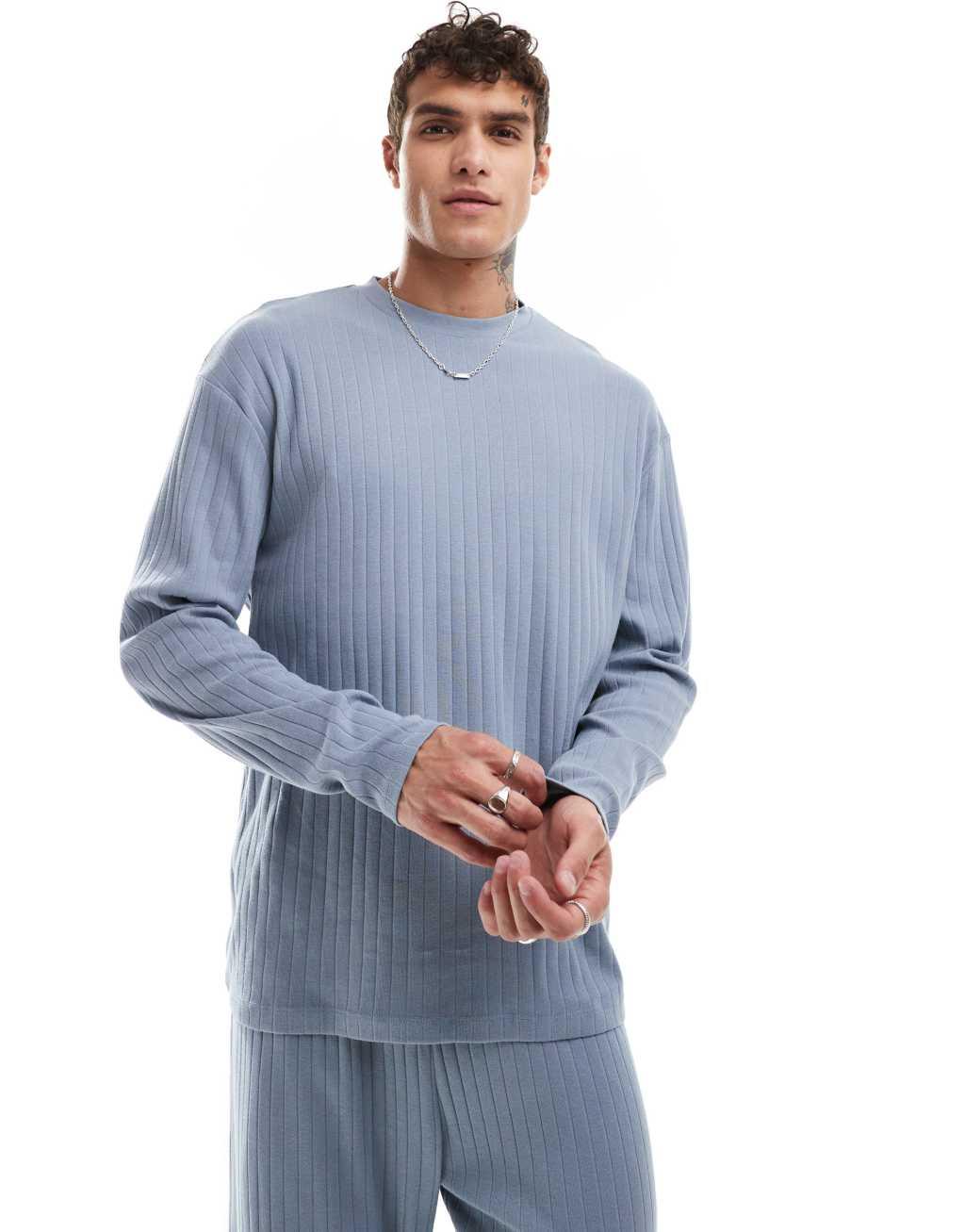 ASOS DESIGN rib lounge set with long sleeve t-shirt and bottoms in blue Product Image