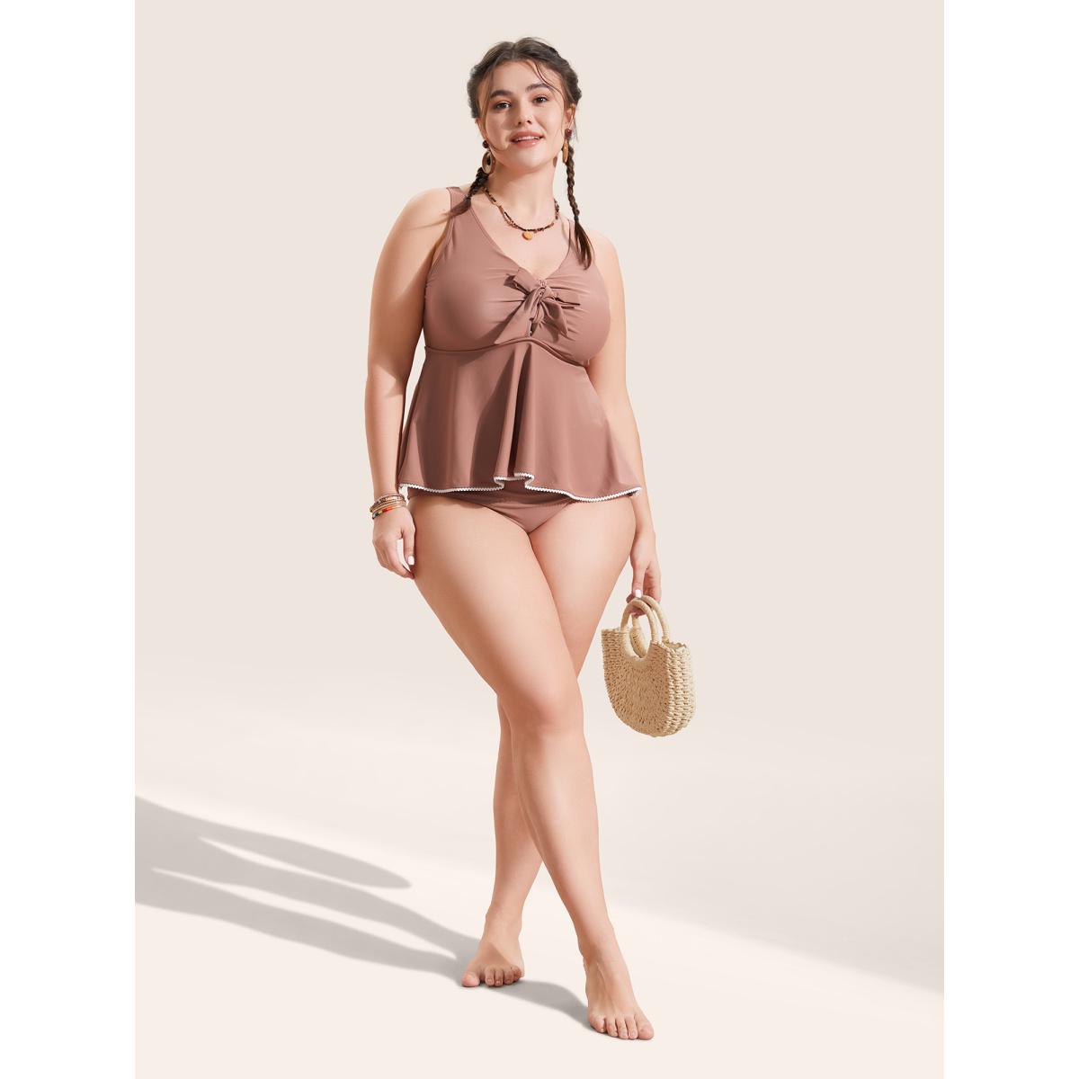 Plus Size Lace Trim Bowknot Front Ruched One Piece Swimsuit Women's Swimwear Rouge Beach Gathered Curve Bathing Suits High stretch One Pieces BloomChic 10/M Product Image