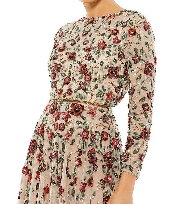 Mac Duggal Floral Beaded Crew Neck Long Sleeve Pleated Chiffon Gown Product Image