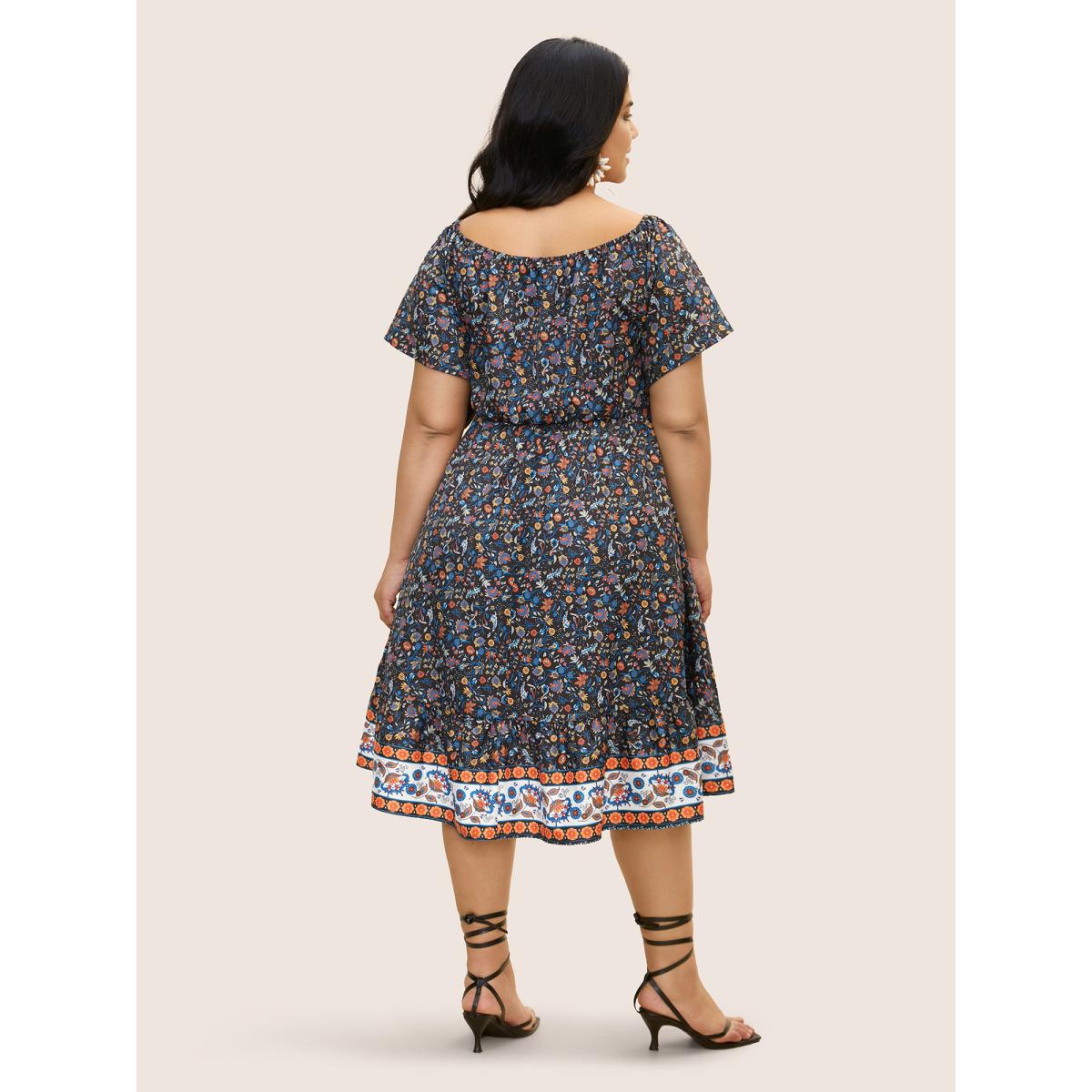 Plus Size Bandana Print Shirred Ruffle Sleeve Midi Dress Black Women Resort Shirred Square Neck Short sleeve Curvy BloomChic 14-16/1X Product Image