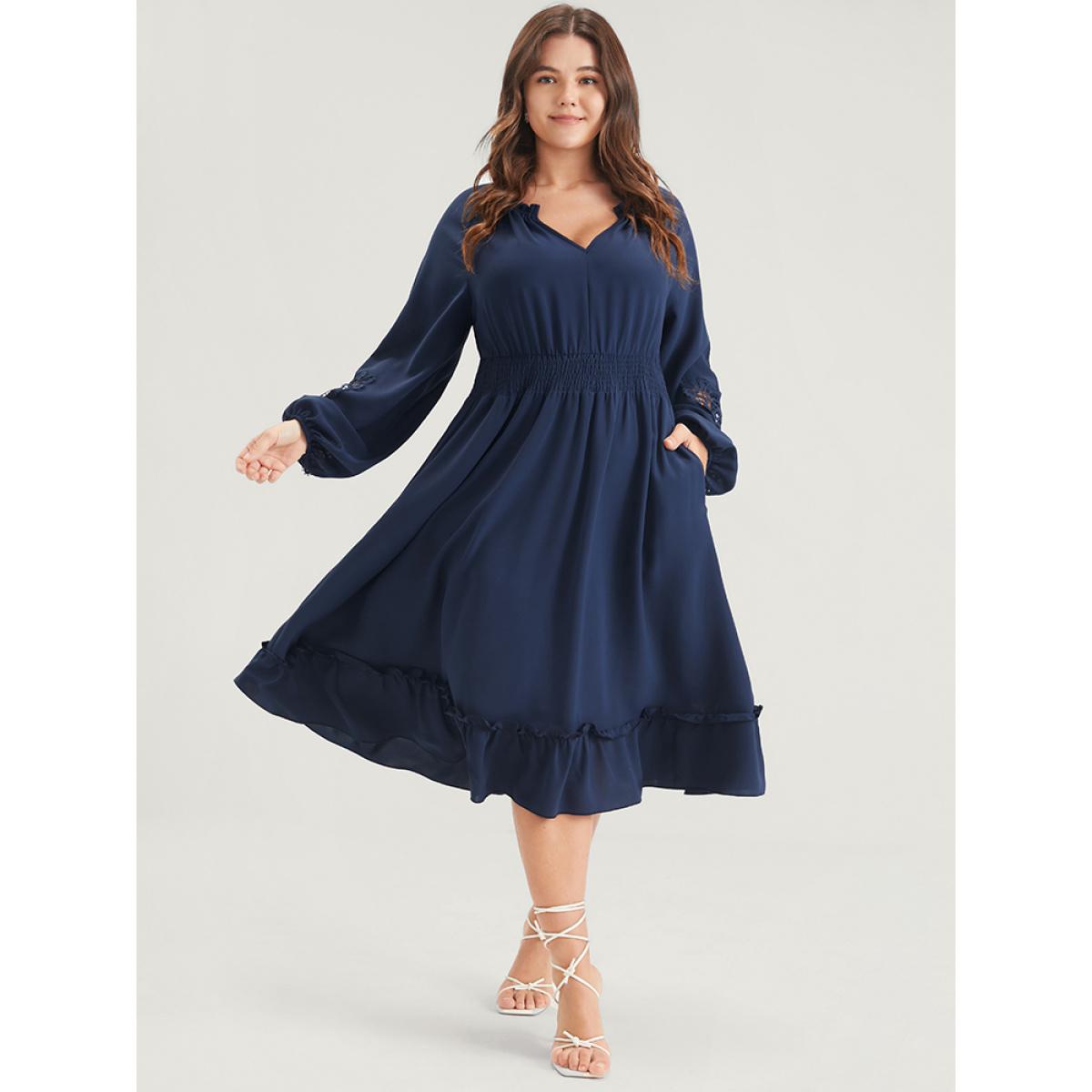 Plus Size Solid Pocket Crochet Lace Lantern Sleeve Ruffle Shirred Midi Dress DarkBlue Women Dating Plain V-neck Long Sleeve Curvy Midi Dress BloomChic 12/L Product Image