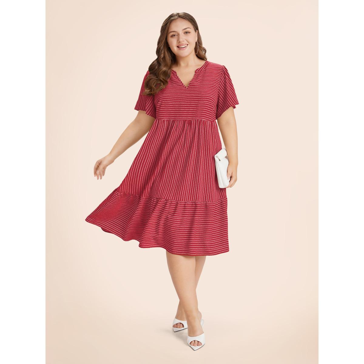 Plus Size Striped Patchwork Notched Flutter Layered Babydoll Dress Crimson Women Office Gathered Notched collar Short sleeve Curvy Midi Dress BloomChic 28/5X Product Image