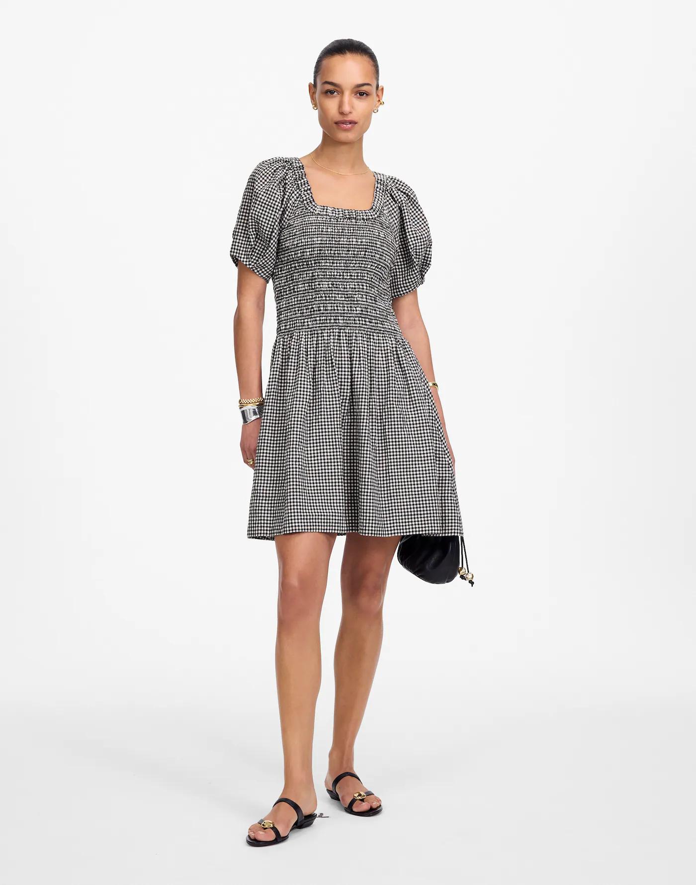 Smocked U-Neck Mini Dress in Gingham Product Image