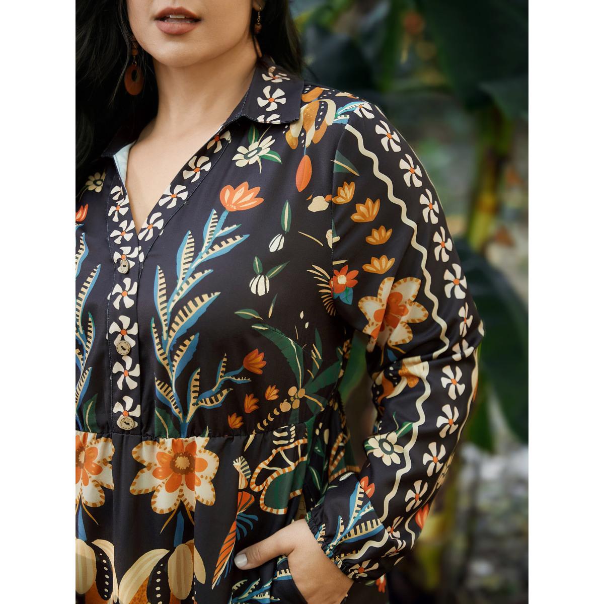 Plus Size Bandana Print Pocket Lapel Collar Elastic Cuffs Dress Black Women Resort Non V-neck Long Sleeve Curvy Midi Dress BloomChic 12/L Product Image