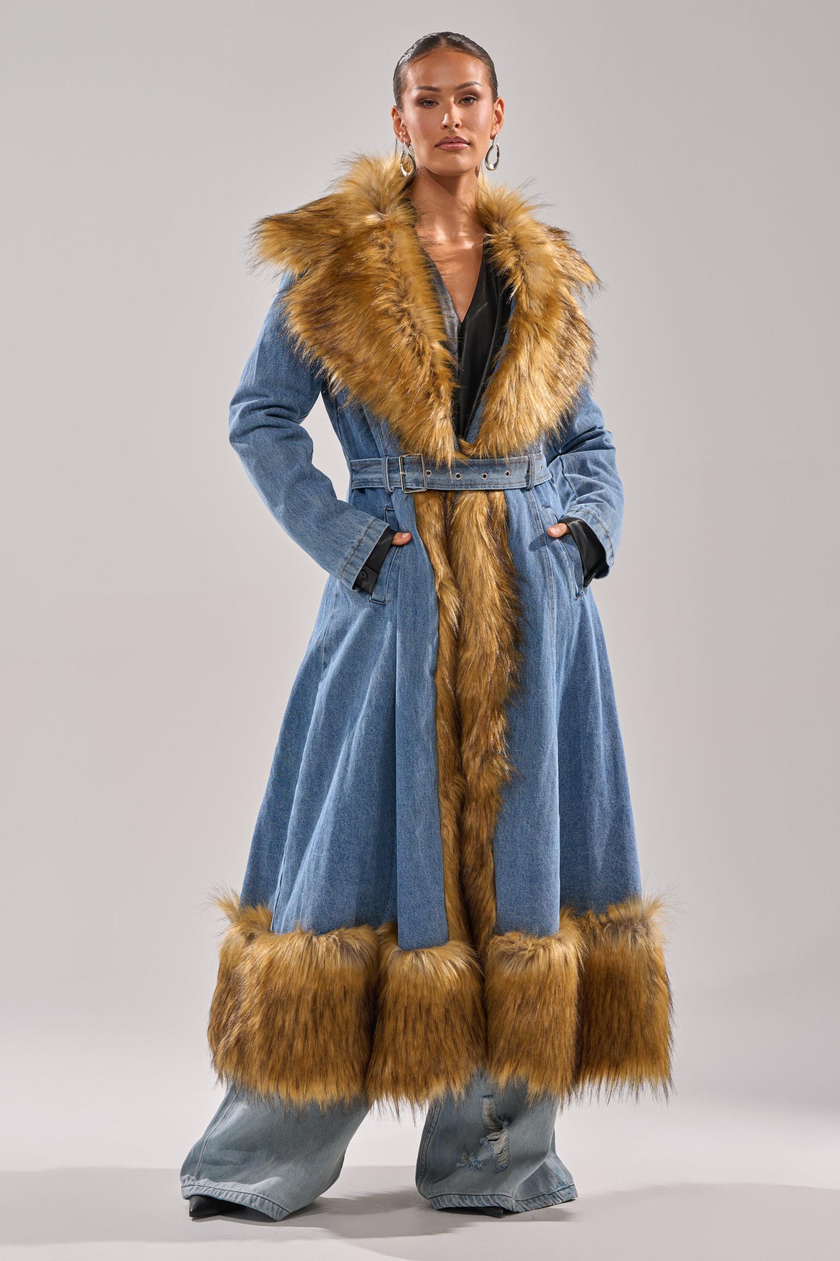 VIVIAN FUR TRIM TRENCH IN DENIM Product Image