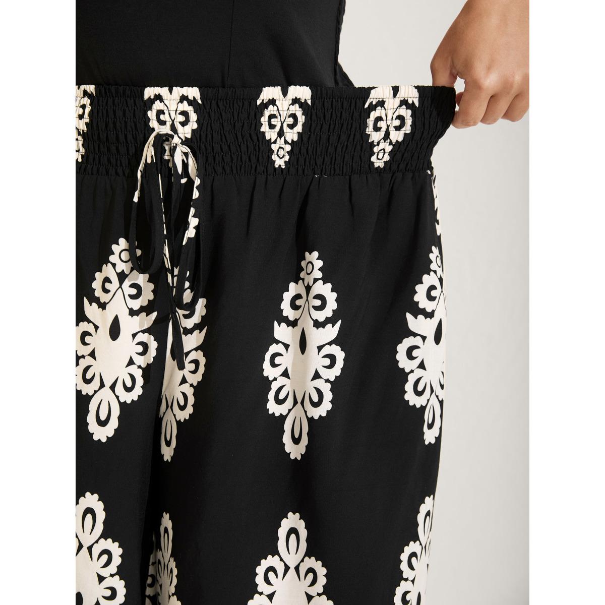 Plus Size Ornate Print Shirred Wide-Leg Pants Women Black Boho Wide Leg Mid Rise Vacation Pants BloomChic 28/5X Product Image