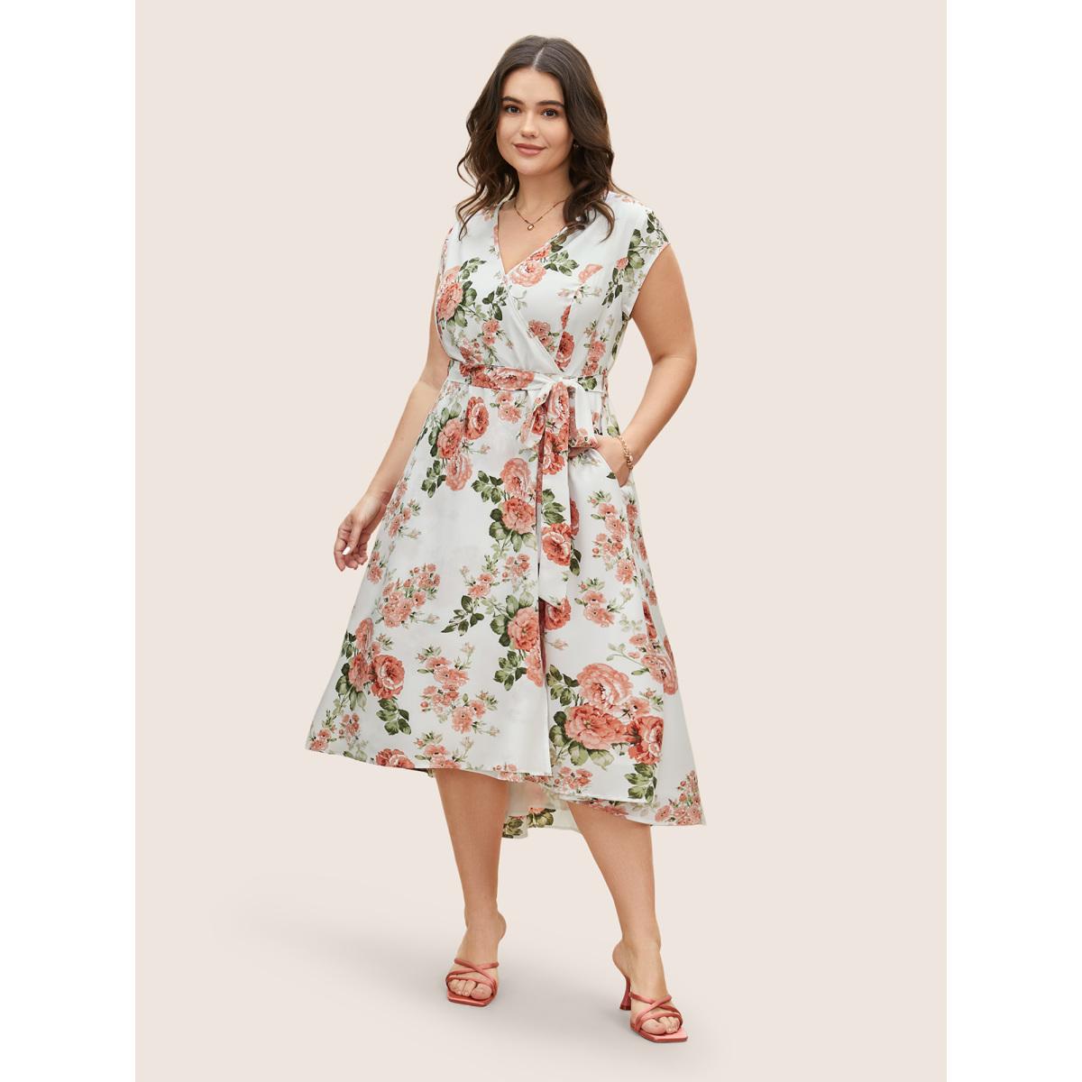 Plus Size Surplice Neck Floral Cap Sleeve Dress Ivory Women Elegant Texture V-neck Cap Sleeve Curvy BloomChic 14-16/1X Product Image
