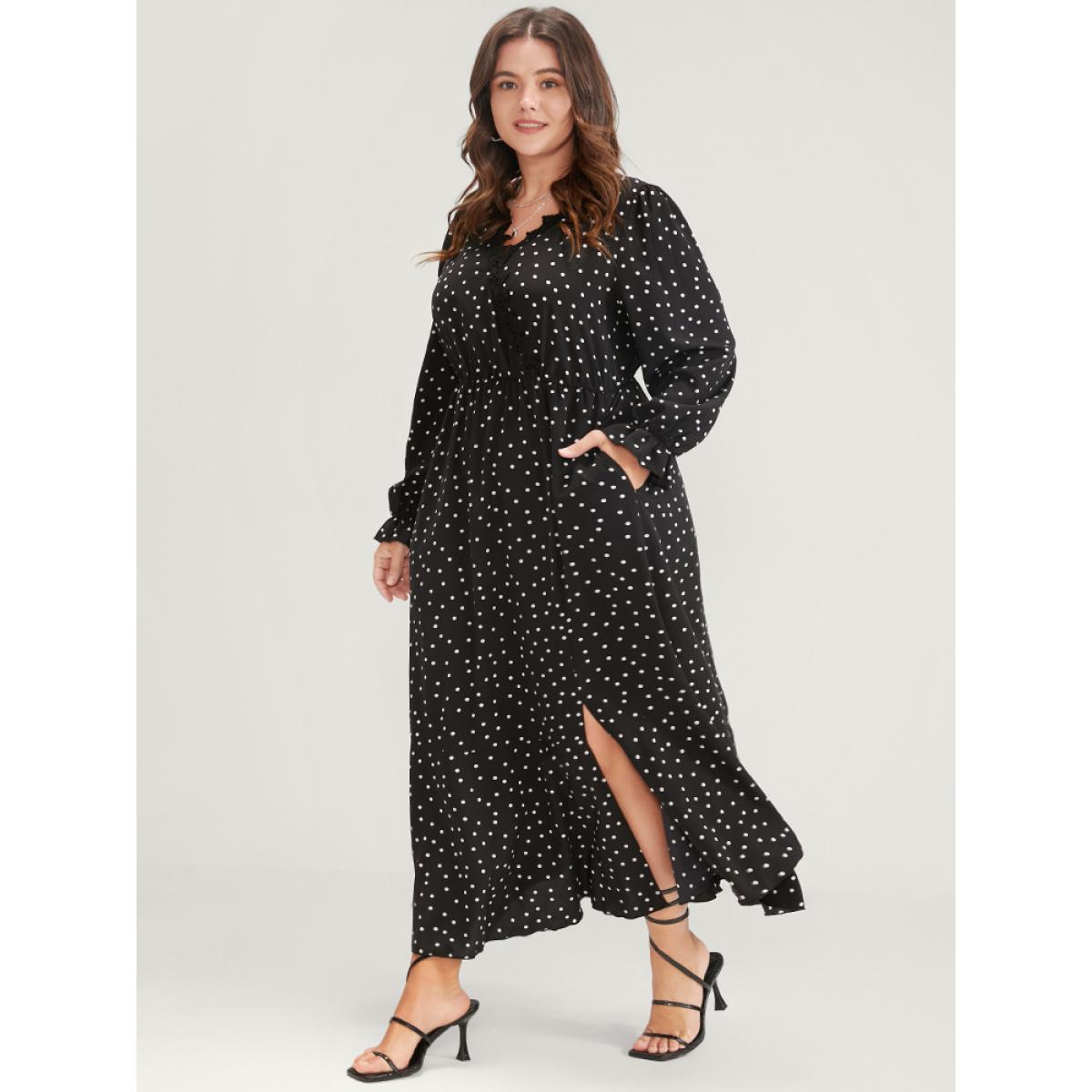Plus Size Polka Dot Pocket Contrast Lace Split Hem Dress Black Women Elegant Patchwork V-neck Long Sleeve Curvy Long Dress BloomChic 10/M Product Image