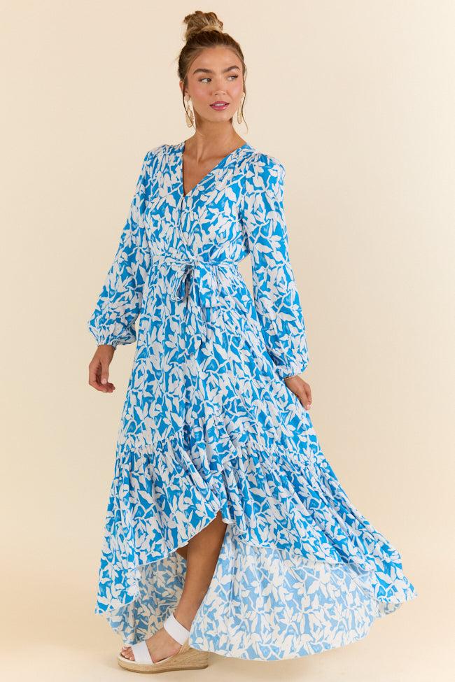 Palmetto Paradise Blue and White Long Sleeve Maxi Dress FINAL SALE Product Image