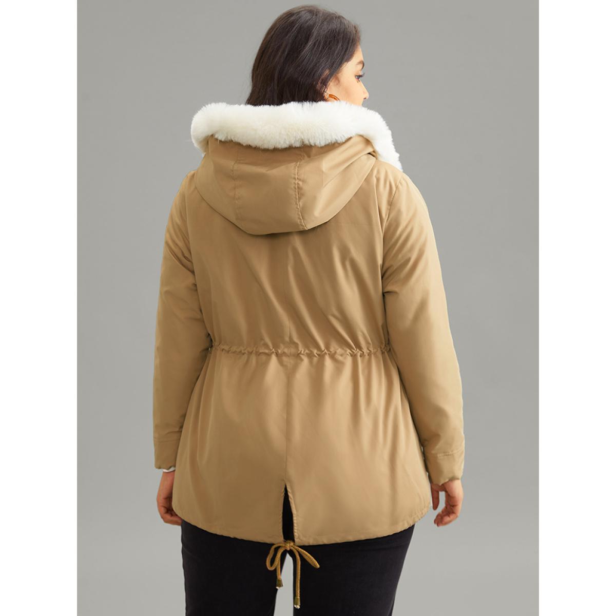 Plus Size Fuzzy Trim Drawstring Pocket Cotton Jackets Women Tan Casual Arc Hem Loose Ladies Dailywear Winter Coats BloomChic 14-16/1X Product Image