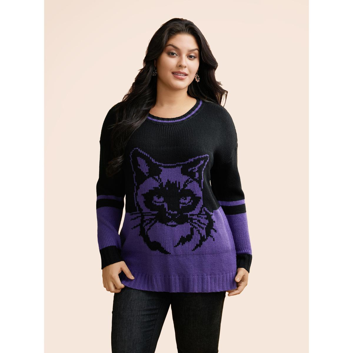 Plus Size Mystic Cat Pattern Crew Neck Pullover DarkViolet Women Casual Loose Long Sleeve Round Neck Everyday Pullovers BloomChic 18-20/2X Product Image