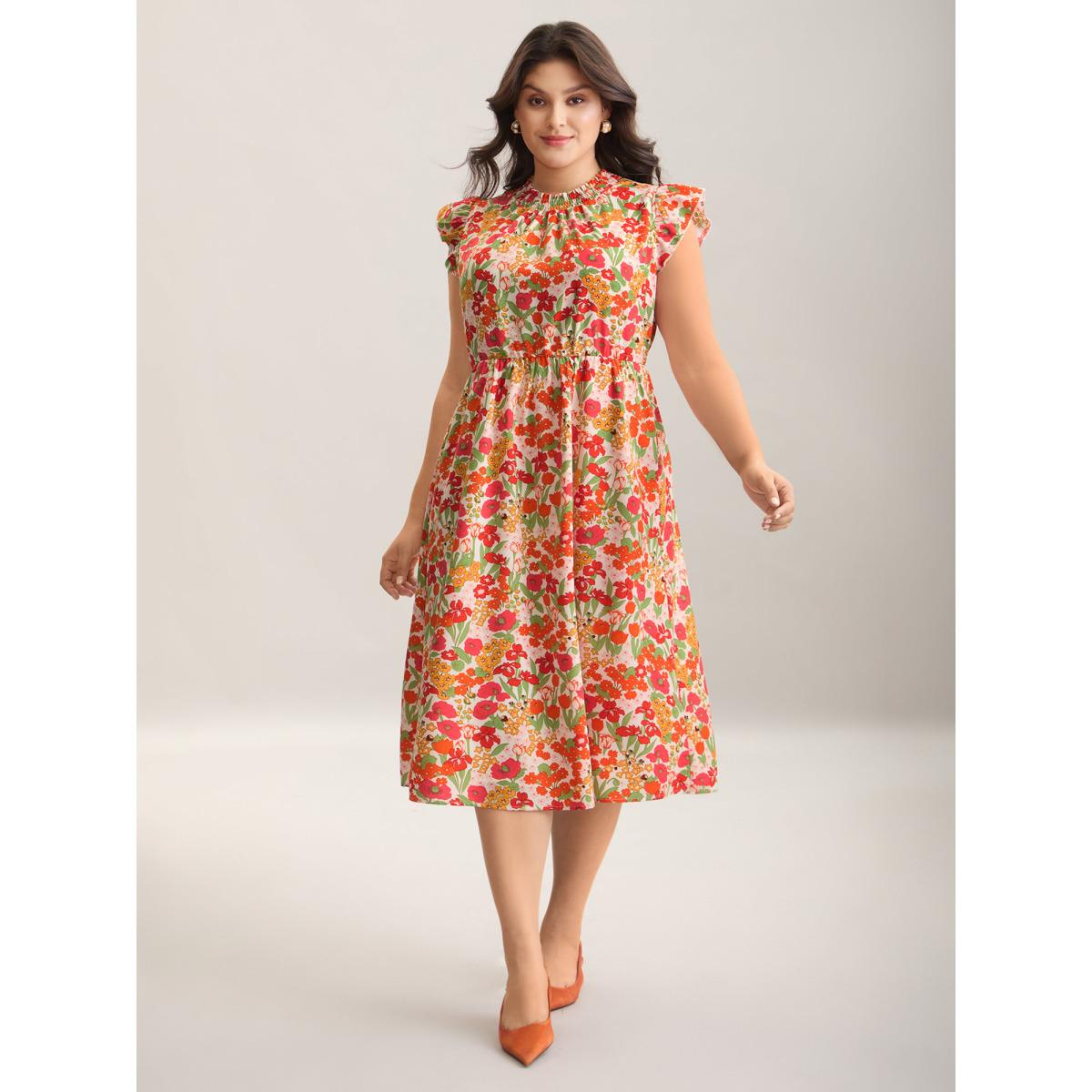 Plus Size Floral Print Shirred Pockets Midi Dress Salmon Women Romantic Frill Trim Mock Neck Cap Sleeve Curvy BloomChic 18-20/2X Product Image