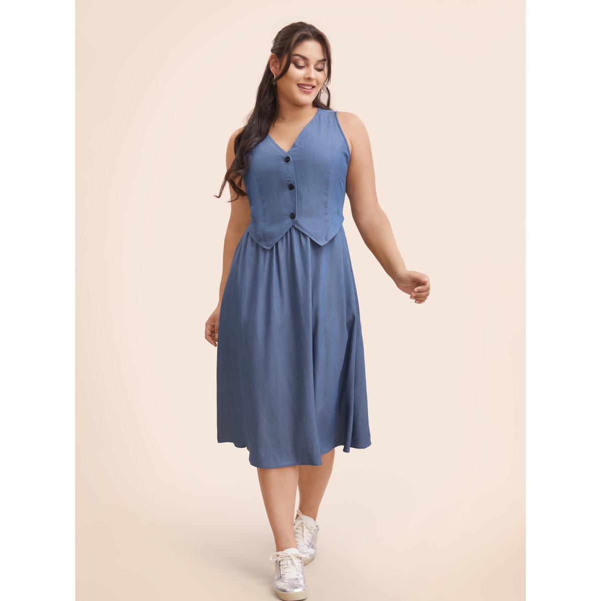 Plus Size V Neck 2 In 1 Bodycon Dress DarkBlue Women Casual Button V-neck Sleeveless Curvy BloomChic 12/L Product Image